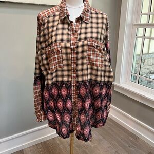 We The Free Plaid Button-Up Shirt in Beige, Rust, Black